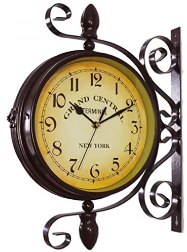 Orologio da parete bifacciale in ferro battuto, metallo, struttura robusta, orologio da stazione bifacciale di facile lettura per giardino, arredamento per la casa, interni, esterni, soggiorno