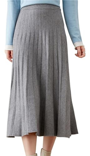 Beralst Women Knit Skirt, High Waist A-Line Office Work Stretchy Knitted Pleated Midi Skirt, Gray, Large