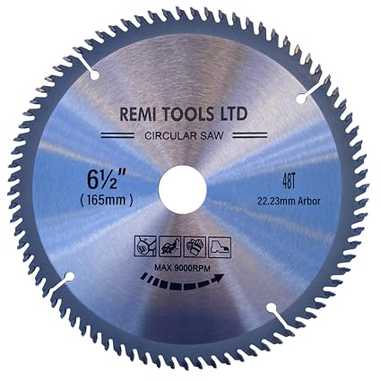 REMI TOOLS LTD Saw Blade TCT Circular Saw Blades 165mm x (22.23mm Bore)(16mm & 20mm Reduction Ring) x 48 Teeth x 2.5mm Kerf Compatible with Festool Bosch Makita Dewalt Circular Saw Etc