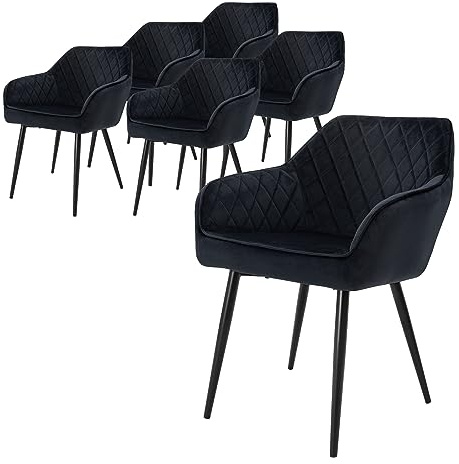 ML-Design Set om 6 matstolar med armstöd och ryggstöd, svart, köksstol med sammetsöverdrag, stoppad stol med metallben, ergonomisk stol för matbord, matstol vardagsrumsstol