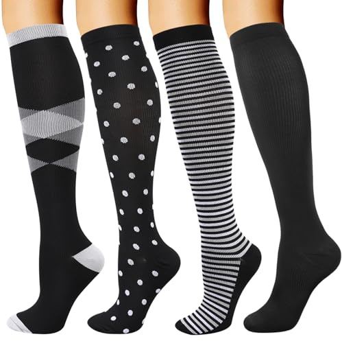 DRESHOW 4 Paires Chaussettes de Compression pour Femmes & Hommes Circulation pour Athlétisme,Course,Cyclisme,Voyage