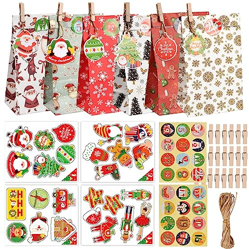 Jinlaili 24 st. färgglad jul presentpåsar med klistermärken, färgglada påsar julpapper, papperspåsar jul, julpåsar godispåsar, kexpåsar, partypåsar för presenter fest