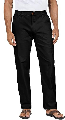YAOHUOLE Men's Linen Trousers Elasticated Waist Casual Yoga Trousers Cotton Summer Beach Pants with Pockets Black 3XL