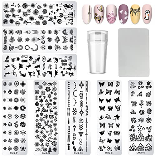 ZOCONE 8 Pz French Stampino Unghie, con 1 Clear Silicone Nail Stamper+1 Raschietti, Set di Stamping Nail Art Timbro per Unghie per Lunette per French Manicure Strumento per Nail Art per Donna Ragazze