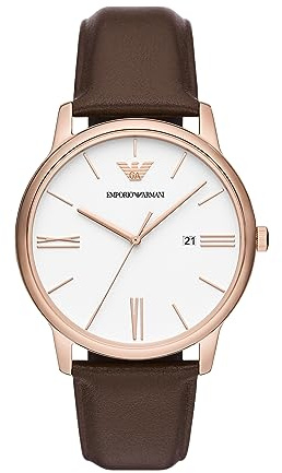 Emporio Armani Reloj de tres manecillas para hombre con correa de acero inoxidable o piel; reloj de vestir para hombre, Oro Rosa/ Marrón, 42MM, Minimalista