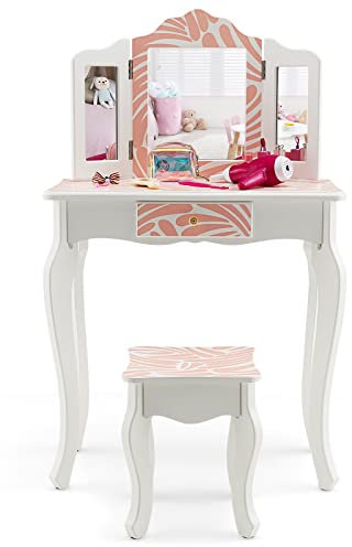 COSTWAY Toeletta Trucco 2 in 1 per Bambina Staccabile, Specchiera per Ragazza in Legno con Sgabello e Cassetto, Postazione Trucco per Cameretta, 3 Anni, 60 x 28 x 98 cm, Bianco e Rosa