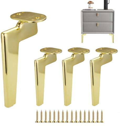 4 Möbelfüße aus Metall, moderner Ersatz-Sofafuß, Fuß für Couchtisch, TV-Möbel, Badezimmerschrank mit Schrauben + Bodenschutz + rutschfeste geräuschlose Basis (18 cm, Gold)