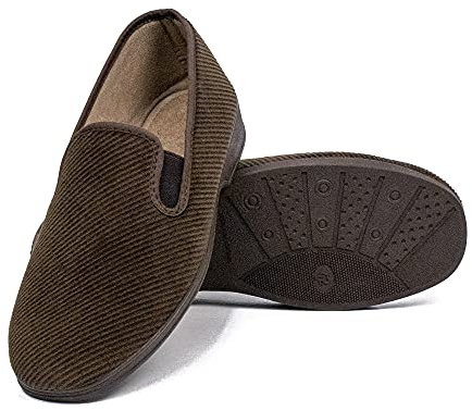 COZSERIES Zapatillas de Casa Hombre | Mocasines de Paño Cerrados con Estampado de Cuadros | Pantufla Plana Térmica | Suela de Caucho Antideslizante | Calzado de Descanso Sin Cordones | Marrón