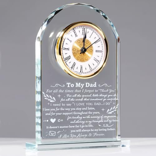 YWHL To My Dad Clock Gifts from Daughter Son, Laser Engraving Glass Clock Gift for Father‘s Day, Birthday Gifts for Dad Who Wants Nothing, Meaningful Keepsake Present for Father (Battery not Included)