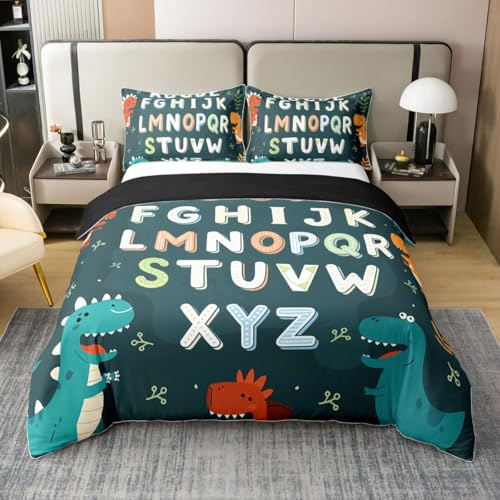 Alphabet Kids ABC Learning 100% Cotton Duvet Cover Full Size, Cartoon Dino Comforter Cover Kids Educational Nursery Art Bedding Set for Boys Girls Jungle Dino Bedspread Cover 3Pcs with 2 Pillow Case