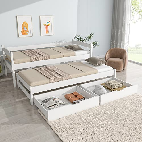 Azkoeesy Funktionsbett mit Ausziehbett und 2 Schubladen, 90 x 200 cm, Tagesbett Schlafsofa Doppelbett Gästebett aus Kiefernholz, mit Lattenrost, weiß