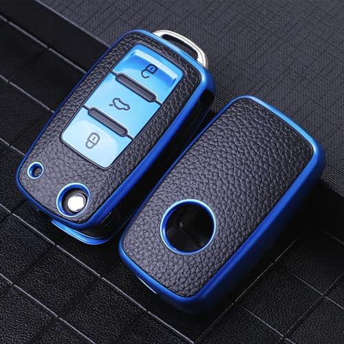 Misuyue VW Schlüsselhülle für Volkswagen Polo, Golf 3/4/5/6, Blau | 3 Tasten VW Schlüsselhülle aus Leder und TPU für Skoda Passat, Seat, Tiguan, Caddy, VW Golf 5 Schlüsselhülle