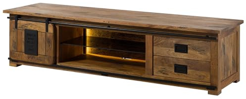 MASSIVMOEBEL24.DE | Railway Lux TV-Board aus Massivholz mit Beleuchtung #131 Mangoholz/Altholz - Natur lackiert 200x55x50 cm 4 Fächer, 1 Türen, 2 Schubladen Medienschrank groß