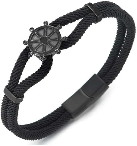 COOLSTEELANDBEYOND Schwarz Nautisch Marine Yacht Seil Armband mit Edelstahl Schiff Rad des Lebens Charme, Herren Damen, Zweireihige