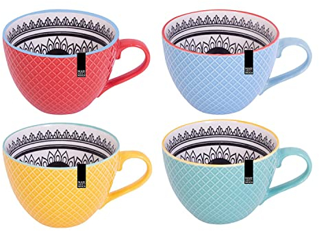 YöL Set Of 4 Mugs Bohemian Modern Design Embossed Mugs New Bone China Coffee Tea Cups Mug Set Stylish Trendy Boho Mixed Colours