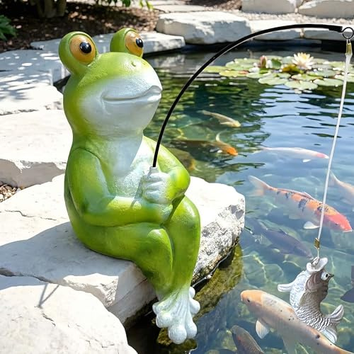 Euiroet 24,1 cm Frosch Angeln Garten Skulpturen & Statuen Steinoptik Skulptur Skulptur Skulptur Rasen Hof Kunst Lustige Teich Fischer Statue Harz Tier Deko Figur für Frosch Angeln Liebhaber