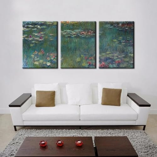 JACBON 3 Tafeln Impressionismus Leinwandgemälde Claude Monet Berühmtes Gemälde Nympheas Ölgemälde für Wohnzimmer Home Wanddekoration 30x40cmX3 Rahmenlos
