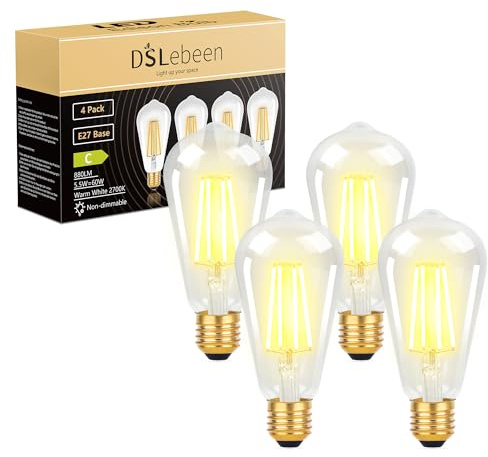 DSLebeen E27 LED Light Bulbs, ST64 High Bright 800lm 5.5W Warm White 2700K | ST64 E27 Bulbs, Non-Dimmable, High Lumen 880LM 5.5W, Energy Saving(Energy Class C), Clear Glass Housing, Warm White 2700K