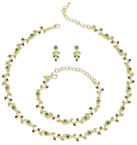 Clearine Wedding Jewellery Set for Women Bride, Gorgeous Stunning Crystal Flower Leaf Cluster Choker Necklace Link Bracelet Stud Earrings for Prom Cocktail Party Green Gold-Tone