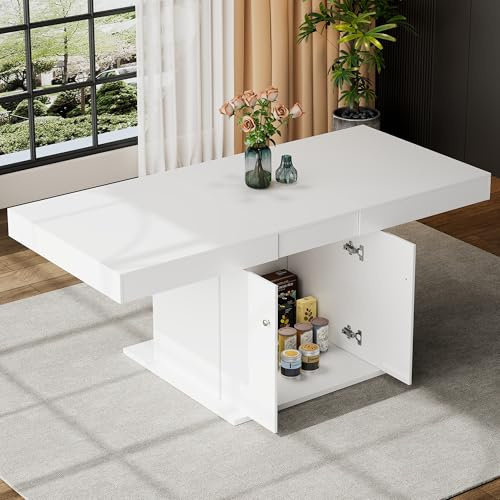 DRIXNO Ausziehbarer Esstisch, L140/180*W80*H76cm, mit Stauraum, Rechteckiger, Kaffee-Freizeittisch, Platzsparender Multifunktionaler Esstisch, Automatischer Teleskoptisch, Weiß