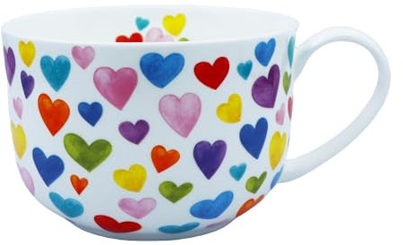 LJIMICAORO Large 24oz Heart Pattern Bone China Coffee Mug with Handle, White with Multicolor Pattern, Microwave & Dishwasher Safe, Perfect for Coffee, Soup, Cereal, Gift