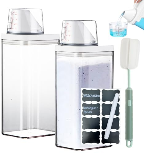 Waschmittel Aufbewahrung, 2 Stück Mehrzweck Waschpulverspender, 1500ml Transparent Waschpulver Aufbewahrungsbox mit Messbecher, Waschmittel Cerealien Organizer, für Waschpulver, Waschmittel, Getreide