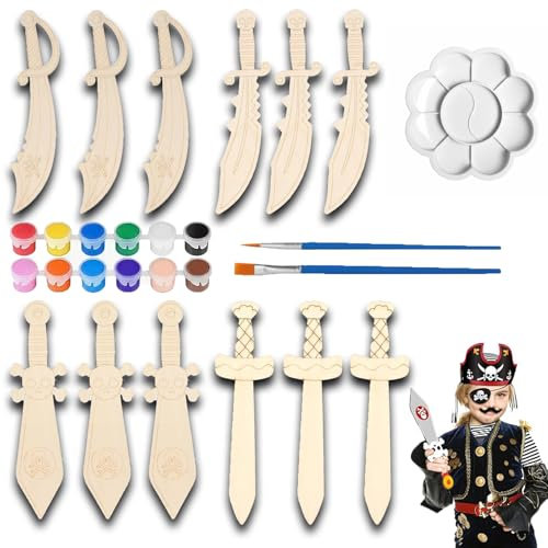 Lot de 12 épées en bois pour enfants avec 12 stylos colorés, 1 plaque d'image, 2 pinceaux de peinture, sabre de pirate créatif, cadeau d'Halloween pour hommes et femmes, anniversaire d'enfant
