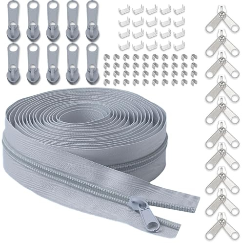 LHZHLE Rotolo di cerniere continue per cucire: #3 9,1 m di nastro in nylon grigio chiaro con 20 cursori