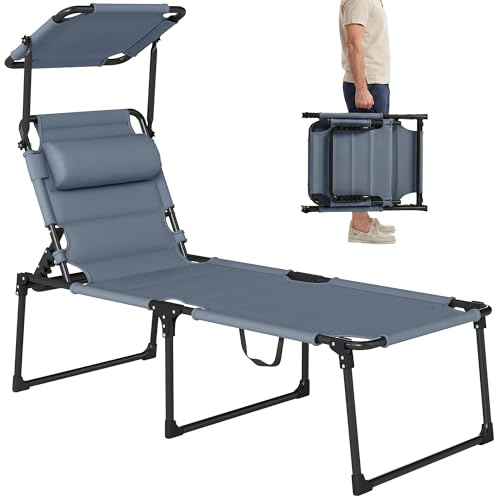 Outsunny Sdraio da Giardino Pieghevole con Tettuccio Regolabile, Lettino da Sole con Schienale Regolabile a 4 Livelli, Cuscino e Imbottitura in Metallo e Tessuto, Grigio