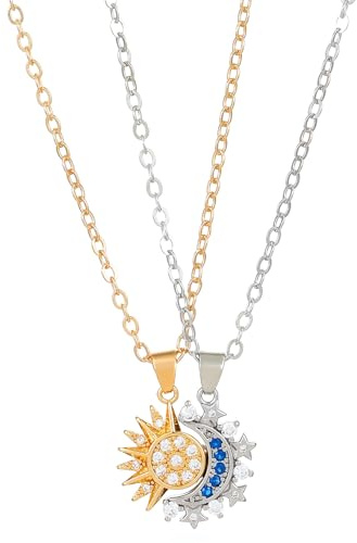 Sun Moon Necklace Set Stackable Necklace for Women Men Sparkling Gold Silver Rhinestone Sun Pendant Necklace Couple Necklaces Matching Necklaces as Friendship Best Friend Jewelry for Women Men (Gold+Silver)