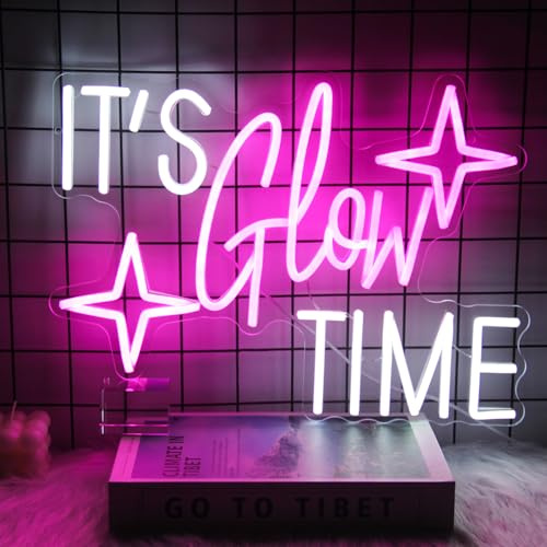 It's Glow Time Neon Schild Buchstaben Leuchtreklame für Party Bar Deko | Acryl Neonlicht, USB Betrieben, Leicht Aufzuhängen, Dimmbar, Pink Weiß Leuchtschild, für Schlafzimmer Weihnachten Feier Deko
