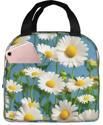 pvinnk Borsa termica per il pranzo con stampa di piccoli fiori bianchi, con tasca frontale e chiusura a cerniera