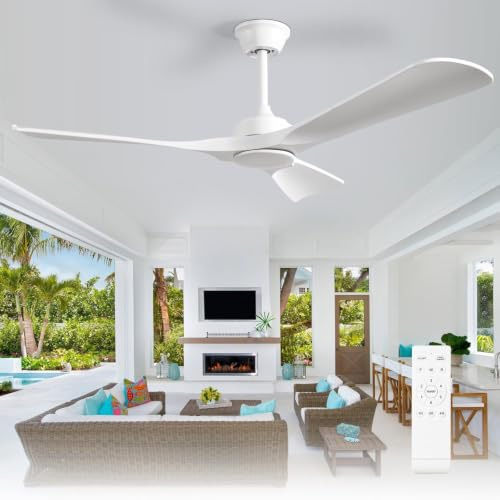Depuley Ventilador de techo sin luz: Ventilador de exterior de 52 pulgadas con control remoto por aplicación para porches y terrazas - Ventilador de techo blanco sin luz, reversible, 6 velocidades