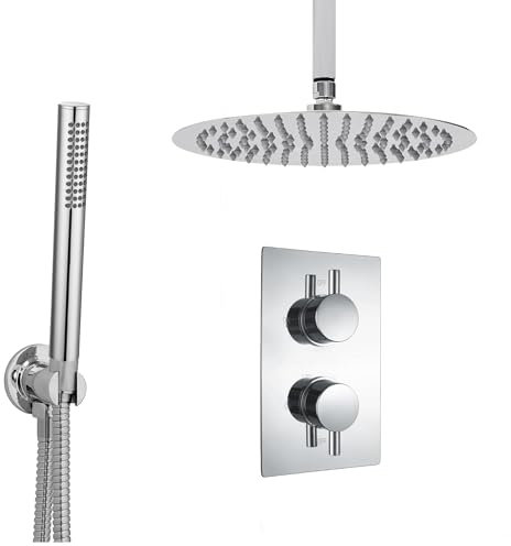 ARKO Concealed Thermostatic Mixer Shower with Twin Head Valve and Handset (2 Way Round, Chrome)