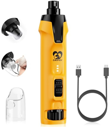 Casfuy 6-Gang-Hunde-Nagelschleifer - 50% Boosted Power Hund Nagelschneider Leise mit Dual-LED-Leuchten & Staubsammler & 4,8 V Kupfermotor Elektrische Haustier Zehennagelfeile Werkzeug für große