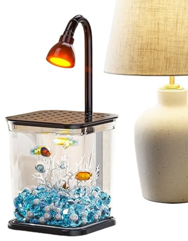 Bettafiskakvarier - liten fiskburk med stämningsljus, tyst kontorsdekoration, tydligt ekosystem för, kontor, utomhus, bord med räkor och krabbor