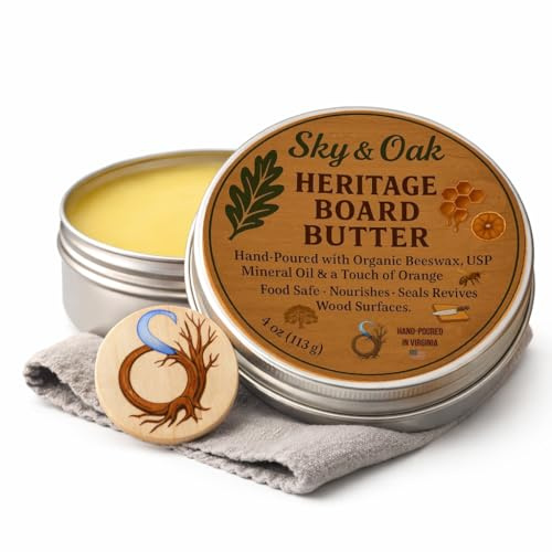 Heritage Board Butter – Premium Food-Grade Wood Care Kit with Beeswax, Mineral Oil & Sweet Orange Oil - 4 oz Tin + Cloth – for Cutting Boards, Butcher Blocks & Wood Utensils Made in USA