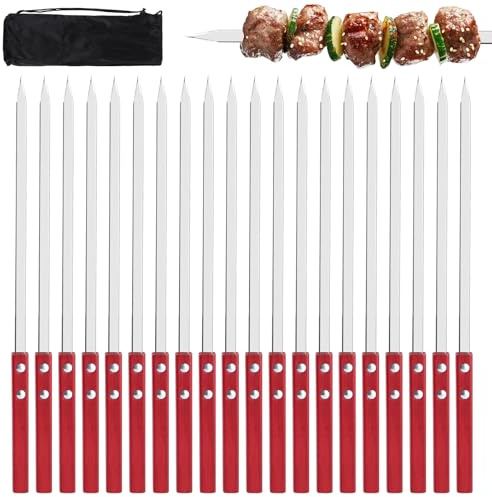 LDXDRU 20 Stücke 40cm Flache Schaschlikspieße Edelstahl, Adana Spieße für Kabobs, Grillspieße Edelstahl, Kebab mit Holzgriff, für Fleisch, Gemüse Fleischspieße Grillzubehö 10mm Breite, mit Tasche