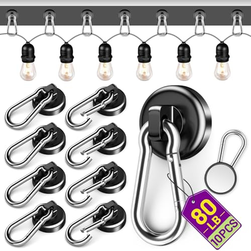 Niuknow Strong Magnetic Hooks for Hanging, 80LBS Heavy Duty Black Neodymium Magnetic Hooks with Swivel Carabiner for Home, Cruise Ship, Office, Workplace, Refrigerator, 10 Pack