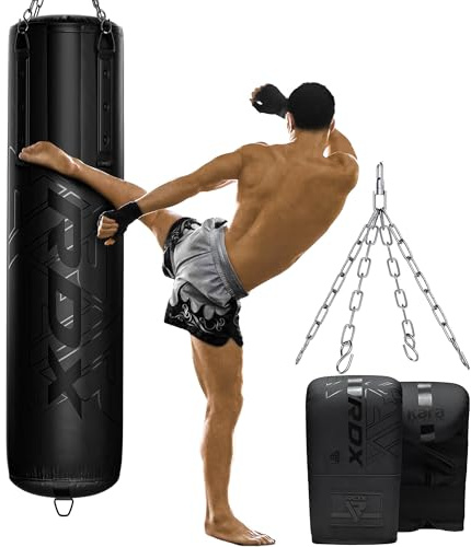RDX 145CM Ungefüllt Boxsack Hängend mit Handschuhen und Stahlkette Drehwirbel Mit 50KG Füllmenge, Erwachsene Maya Hide Leder, Punching Bag für Boxen Fitnessstudio Kickboxen MMA Muay Thai Karate