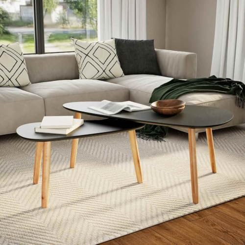 GeenYuu 2-TLG. Couchtisch-Set, Massivholz Kiefer Schwarz, Skandinavisches Design, MDF-Platte, Beistelltische für Wohnzimmer, Schlafzimmer, 100x50x40 cm, robust & vielseitig