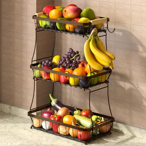 3 Tier Large Fruit Bowl for Kitchien Storage with 2 Banana Hangers, Brown | Sturdy Metal Rack for Veg, Onion, Bread, Snacks, Ample Storage for Whole Family, Includes Washable Mats to Keep Produce Fresh