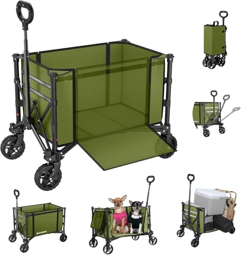 Vagón Plegable 3 en 1 Convertible en Banco, 120L Carro Plegable con Ruedas, 220LBS Carrito de Compra para Comestibles Carro Transporte para Playa, Camping, Jardín, Carretillas, Deporte, Verde
