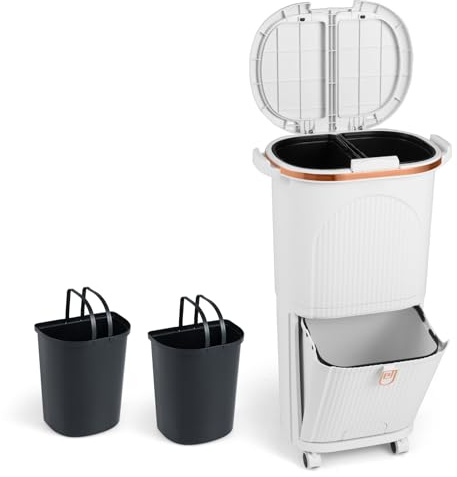 GOPLUS Cubos de Basura para Cocina (Blanco, 12L+2 Tapas+2 Capas) | Cubo de Reciclaje con 3 Compartimentos y Doble Recipiente con Tapa, Cesta Abatible, Pedal Oculto, 4 Ruedas y Asas, para Salón