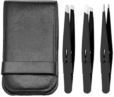 iZhuoKe Kit de 3 Pinzas Cejas,Tweezer Pinzas de Depilar Profesionales Cejas,Pinza Inclinada Punta para Pelos Faciales,Diferentes Formas(Negras)