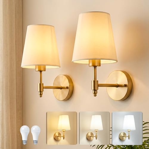 IRONDELIC 2 Stück LED Wandleuchte Innen, Retro Wandbeleuchtung Gold Wandlampe Badezimmer Industrial 3000K-6000K mit Stoffschirm, Wandlampen für Schlafzimmer Wohnzimmer Treppenhaus