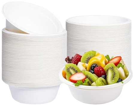 Kozdtiz Einweg Suppenschalen, 100 Stück Einwegschüsseln aus Zuckerrohr, 500 ml Biologisch Abbaubar und Kompostierbar für Party Haushalt Picknick Weiß