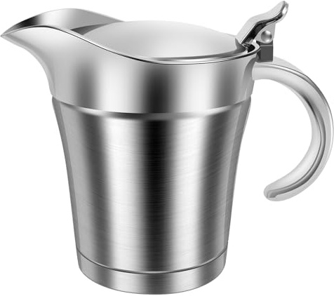 Termosauciere rostfritt stål 450 ml sås med lock U-formad pip handtag såskanna dubbelväggig isolerad för sås salladsdressing sås buljong (silver)