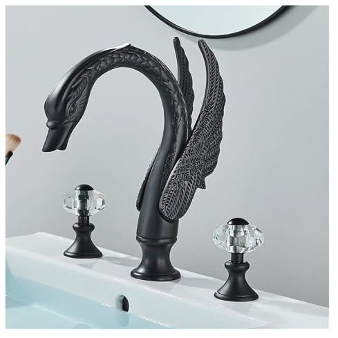 ISCBAFYX Lavabo a Forma di Cigno con Doppia Maniglia in, Montato sul Piano d'appoggio, Rubinetto con valvola miscelatrice per Acqua Calda e Fredda (Nero Opaco)