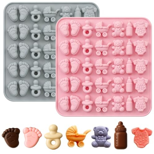 2 Pack Baby Shower Chocolate Molds Silicone Cake Pop Moulds, Non-Stick Gummy Bear Fondant Sweet Mould for Chocolate Candy Ice Cube Jelly, Baby Feet Onesie Pacifier Bottle Carriage Shapes